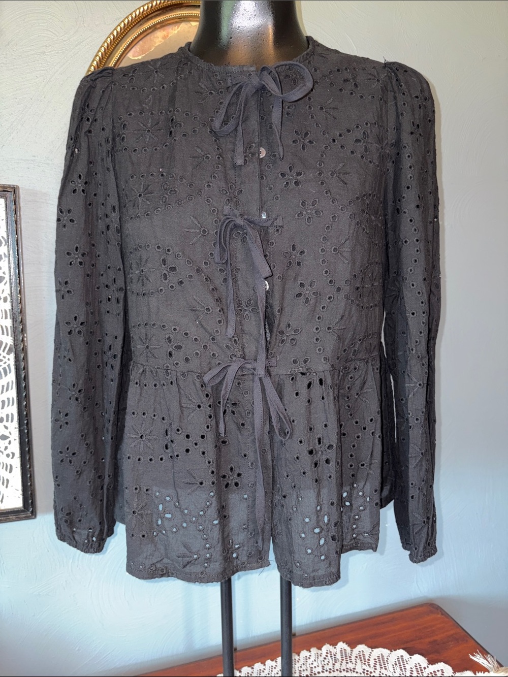 Black Eyelet Tie-Front Peplum Tunic Top